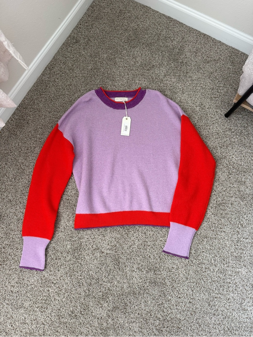 By Together Lavender and Red Colorblock Crewneck Sweater